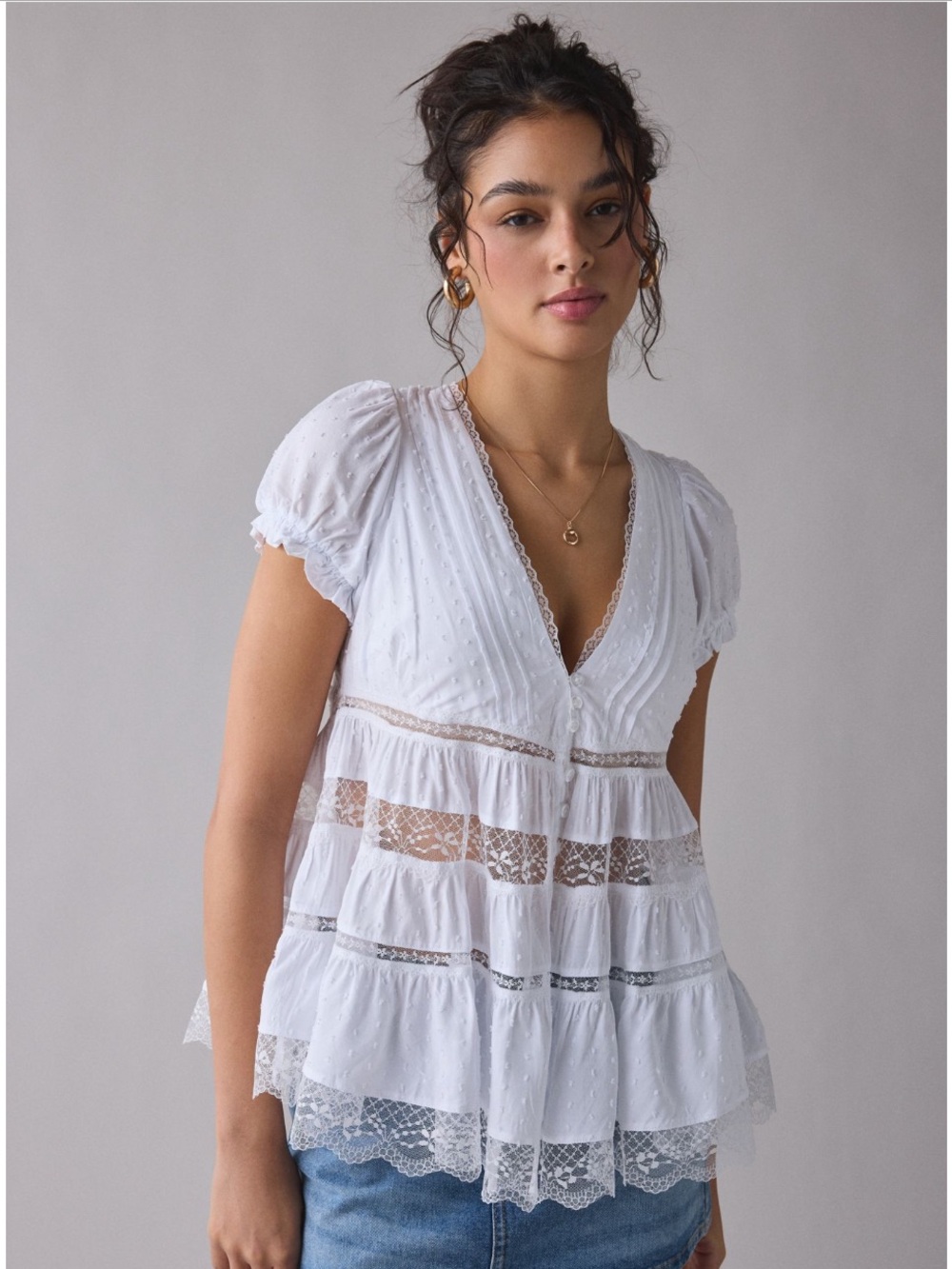 Kimchi Blue ‘Dawn Sheer Lace Trim Puff Sleeve
Babydoll Top’